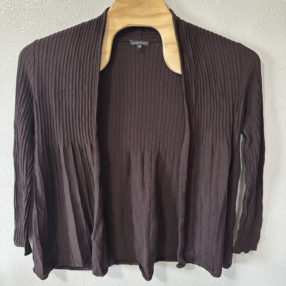 Eileen Fisher Cardigan Large Italian Yarn 100% Wool Ribbed Open Front Minimalist